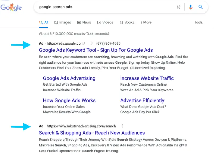 إعلانات بحث Google غالبًا ما تكون إعلانات البحث هي النتائج الأولى التي تظهر على SERP
